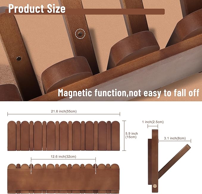 Wall Coat Rack for Entryway: Wooden Modern Heavy Duty 8 Hooks 21.6'' Retractable Wall Mounted for Mid Century Home Decor Hallway Bathroom Bedroom for Hanging Jacket Towel Backpack Bag