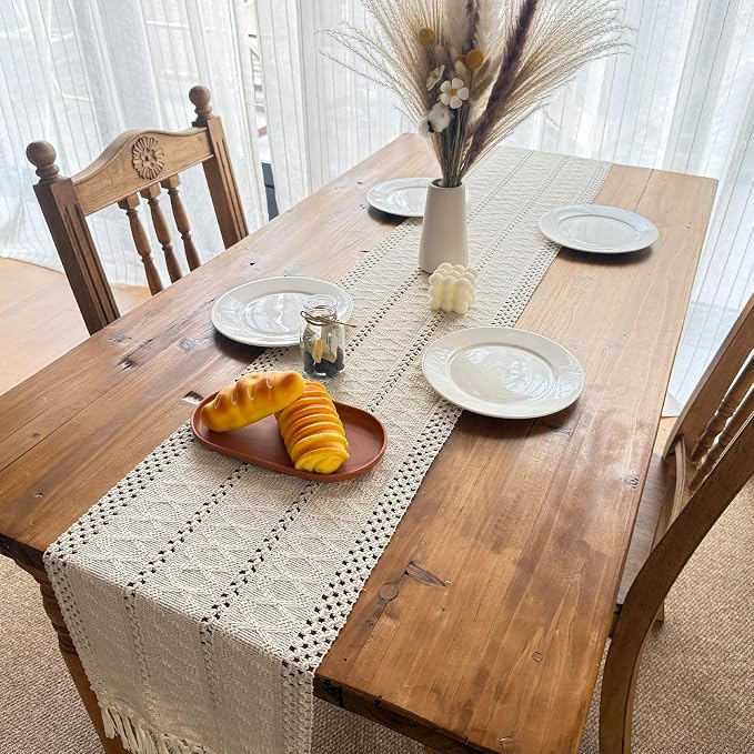 Macrame Table Runner Cream Beige Boho Table Runners with Tassels 48 Inches Long, Rustic Farmhouse Table Runners for Living Room Bridal Shower(12x48in, Fringe Included)