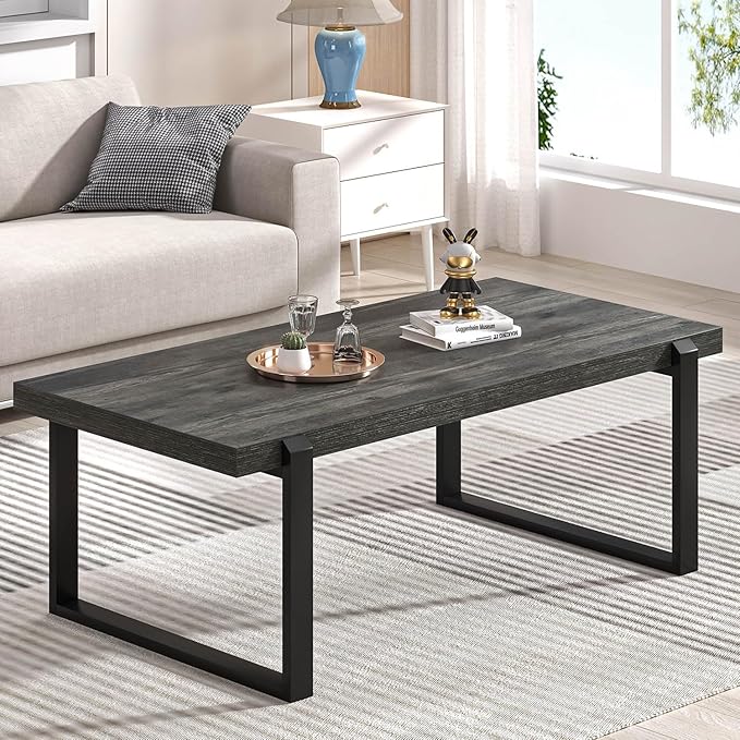 EXCEFUR Modern Coffee Table, Rustic Wood and Metal Center Table, Rectangle Cocktail Tea Table for Living Room, Grey, 44 Inch