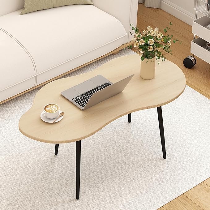 Giantex Small Coffee Table, 39.5" Cloud Center Table with Metal Frame, Unique Irregular Accent Cocktail Tea Table, Modern Wood Coffee Table for Living Room, Small Spaces (Natural)
