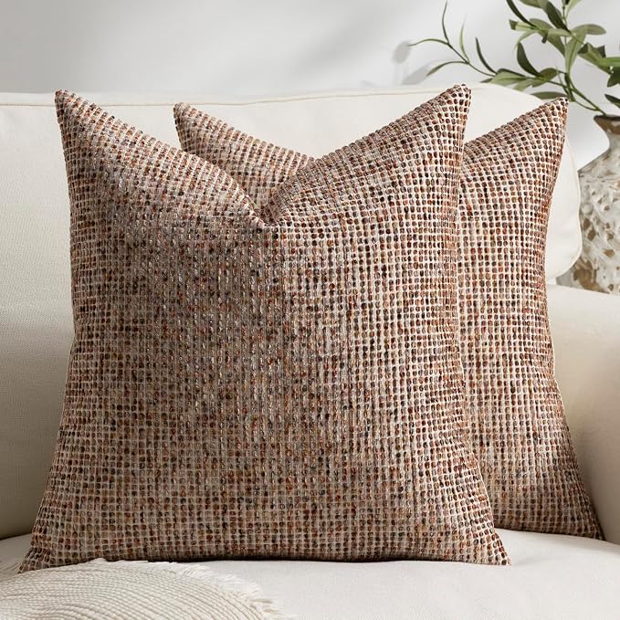 Pack of 2 Neutral Throw Pillow Covers 20x20 Boho Textured Dots Stripe Chenille Square Decorative Pillow Cases Accents for Living Room Couch Bed Farmhouse Home Decor, Brick Red