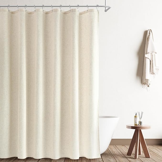 Naturoom Extra Long Light Beige Shower Curtains 94 Inches Natural Linen Fabric Shower Curtain Set with 12 Mental Hooks Bath Curtain with See Through Top Window and Hooks Country Farmhouse Style,72x94