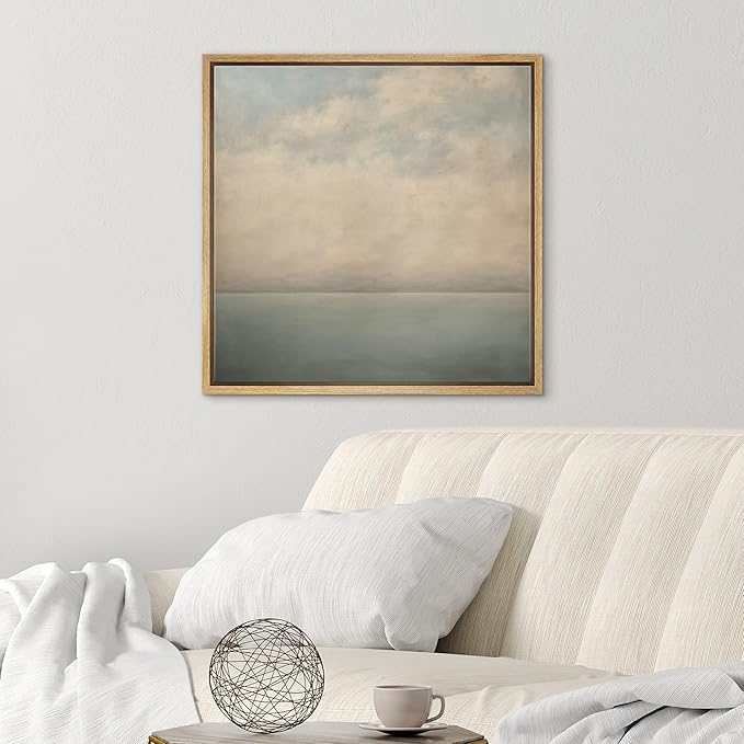 SIGNWIN Framed Canvas Print Wall Art Serene Ocean Horizon Soft Blue and Beige Coastal Landscape with Clouds Illustrations Decorative Boho Relax/Zen for Living Room, Bedroom, Office - 24"x24" Natural