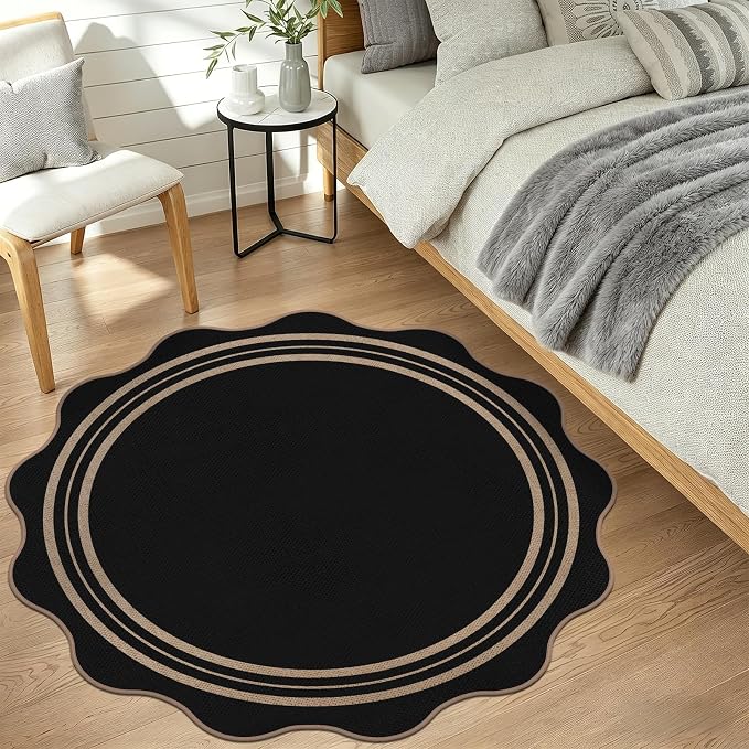 Scalloped Round Entryway Rug 4ft, Indoor Outdoor Patio Rug Washable Farmhouse Easy Jute Bedroom Area Rug, Non Slip Black Round Kitchen Circle Rugs for Living Room Front Porch