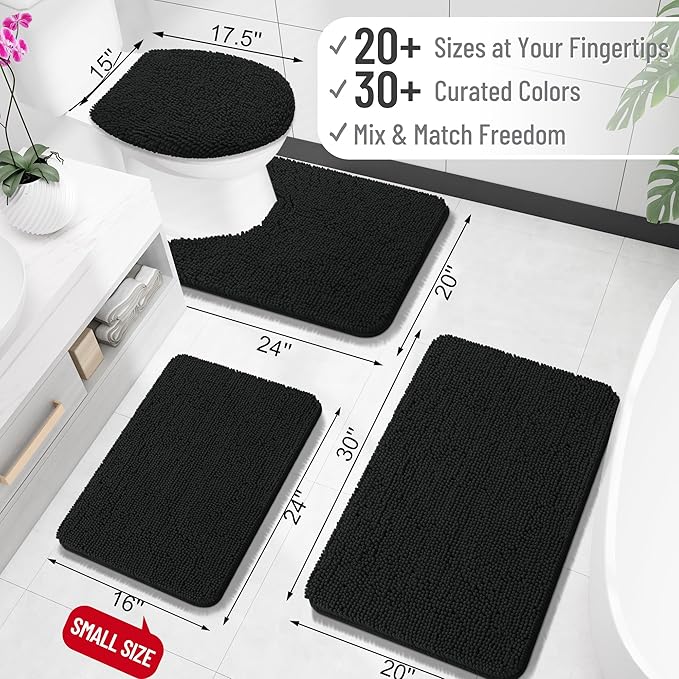 OLANLY Black Bathroom Rug 30x20, Extra Soft Absorbent Chenille Bath Rugs, Rubber Backing Quick Dry, Machine Washable Bath Mats for Bathroom Floor, Tub and Shower, Home Decor Accessories