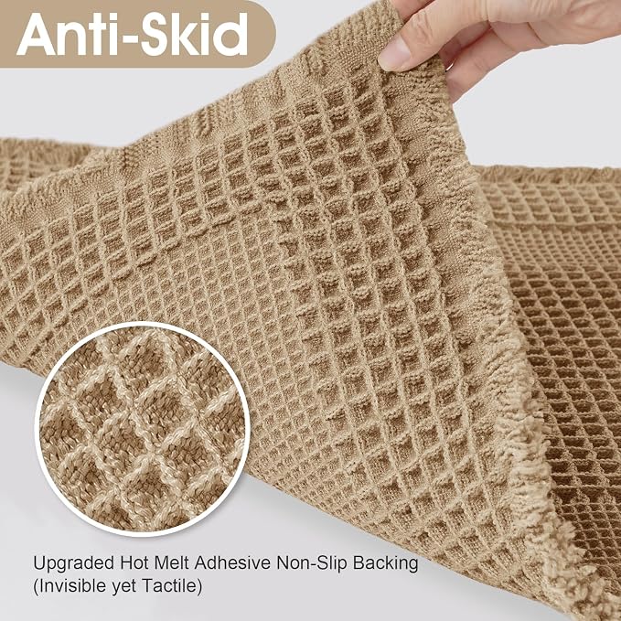 Extra Large Waffle Bath Mat, 5'x2' Beige-Looped, Super Absorbent Non-Slip Quick Dry Bathroom Rugs with Tassels, Machine Washable Ultra Soft Boho Bath Rugs for Floor, Toilet Mats Boho Farmhouse Decor