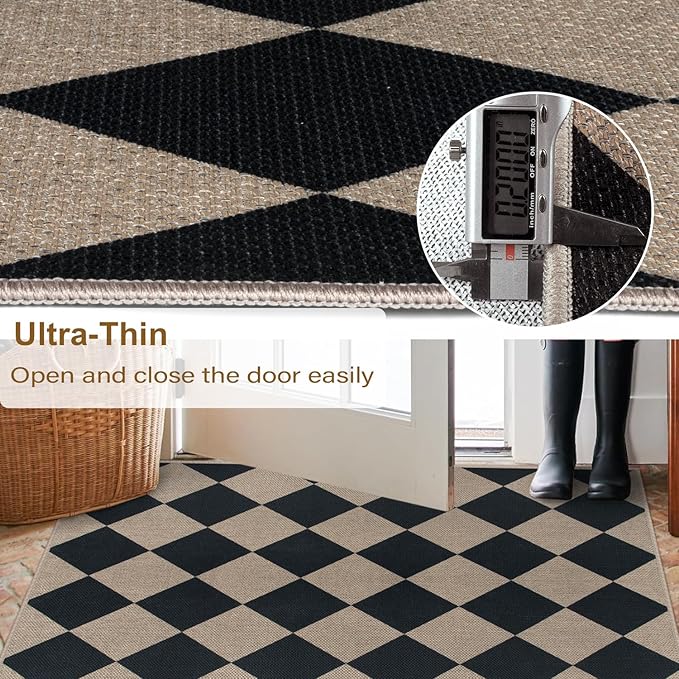 Rugalia Easy Jute Black Checkered 8x10 Area Rug, Washable Modern Outdoor Rug for Patio Non-Slip Diamond Rugs for Living Room, Neutral Farmhouse Floor Carpet for Bedroom Dining Room Classroom