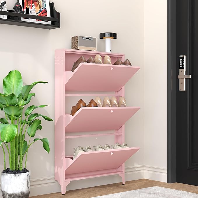 Shoe Cabinet with 3 Flip Drawers, Narrow Slim Hidden Shoe Storage Organizer Cabinet, 47.24'' Tall Shoes Rack Organizer Cabinet for Entryway, Hallway, Front Door, Pink