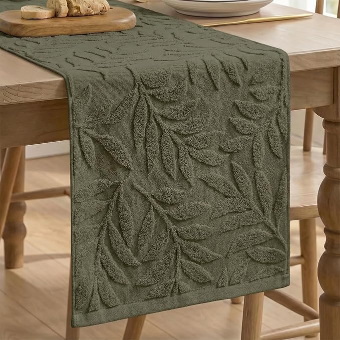 Artoid Mode Olive Green Soft 3D Jacquard Leaves 100%Cotton Spring Table Runner, Holiday Kitchen Dining Table Decoration for Home Party Decor 13x72 Inch