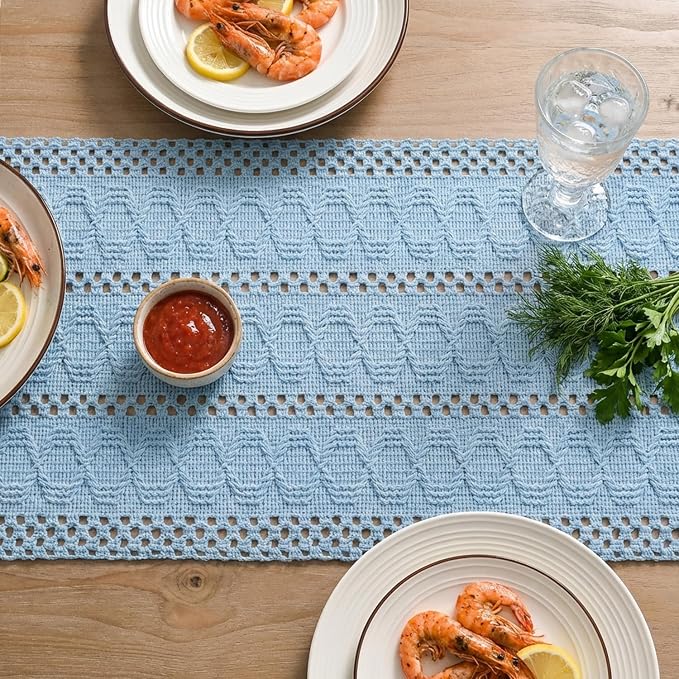 Artoid Mode Sky Blue Farmhouse Woven Rustic Hollow Table Runner, Seasonal Holiday Hollow Kitchen Dining Table Decoration for Home Party Decor 12x90 Inch