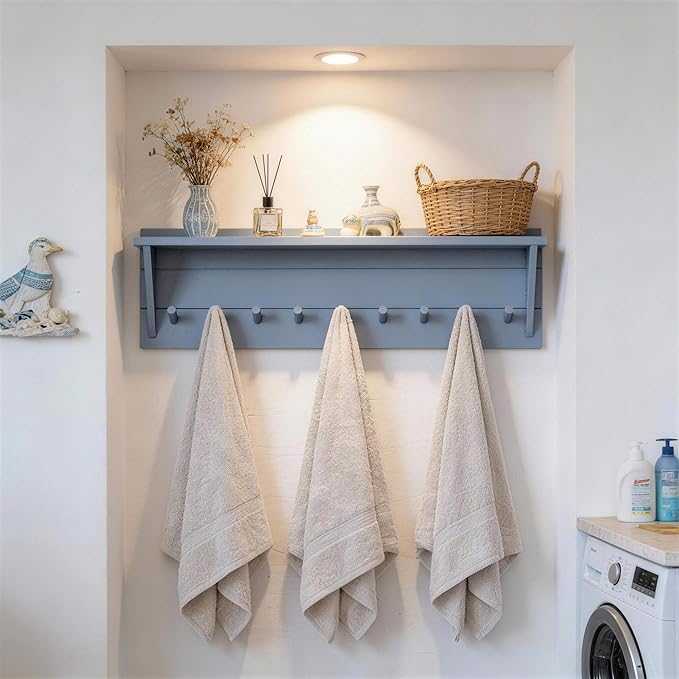 WEBI Coat Rack Wall Mount with Shelf,36" Long Entryway Wall Shelf with Hooks Underneath,9 Peg Hooks for Hanging Coats,Caps,Jacket,Clothes,Light Blue