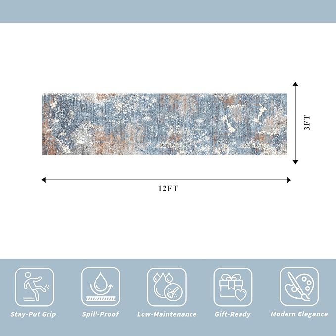 3x12 ft Long Hallway Runner Rug Non-Slip Washable Carpet Runner for Kitchen Entryway Bathroom Modern Abstract Neutral Low-Pile Thin Stain-Resistant Blue Rust