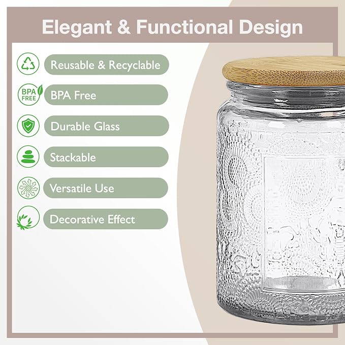 8oz Decorative Glass Jars with Airtight Bamboo Lids (Green - 6pc). Vintage Food Storage Containers, Home Décor Candle Making Parties Wedding Baby Shower Favors Gift