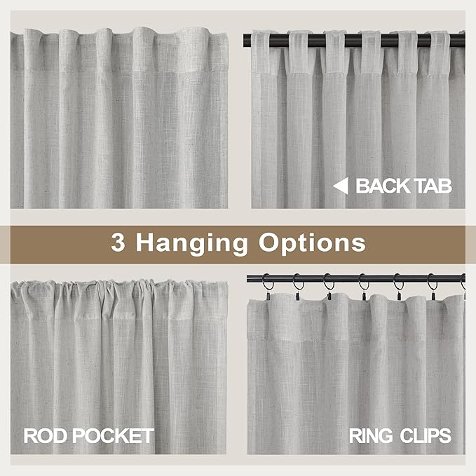Grey Curtains 38 Inch Width for Kitchen Windows 2 Panels Back Tab Rod Pocket Linen Sheer Cafe Tier Light Filtering Short Curtains for Bedroom Laundry Room Closet Door Decor Wide 38x45 Long Light Gray