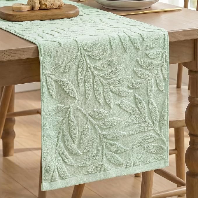 Artoid Mode Sage Green Soft 3D Jacquard Leaves 100%Cotton Spring Table Runner, Holiday Kitchen Dining Table Decoration for Home Party Decor 13x72 Inch