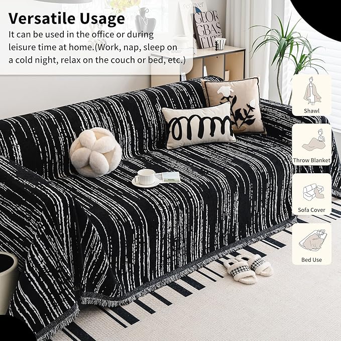 WEYOND Chenille Couch Cover Pet Friendly, Sofa Cover Washable, Reversible Sofa Slipcover for Sectional Sofa, Loveseat, 2 or 3 Cushion Couch, Corner Sofa, Futon Cover (71" X 102", Black)