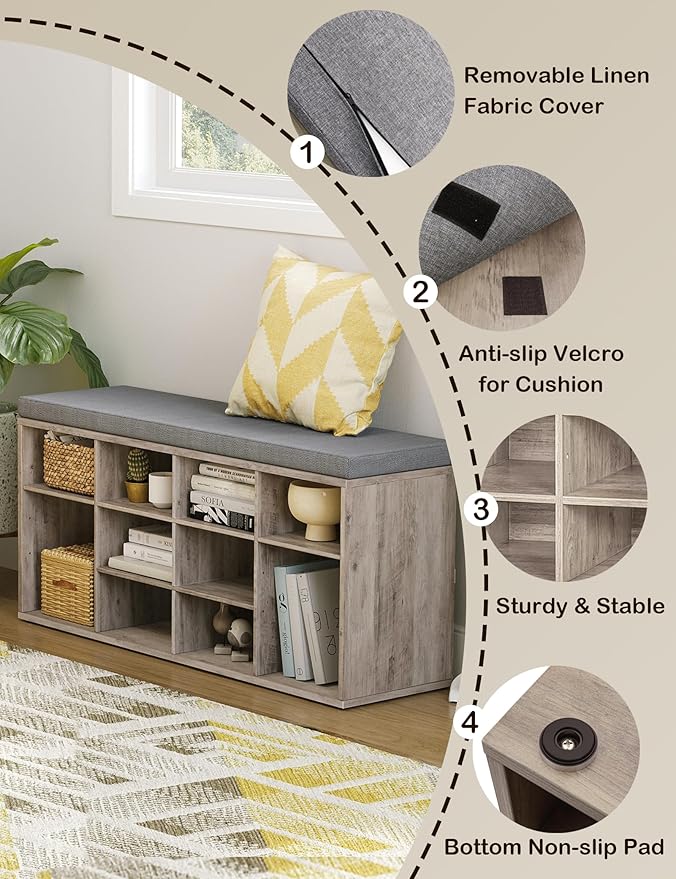 DINZI LVJ Shoe Storage Bench with Cushion, Cubby Rack with 12 Cubbies, Adjustable Shelves, Multifunctional Organizer Bench for Entryway, Mudroom, Hallway, Closet and Garage, Greige