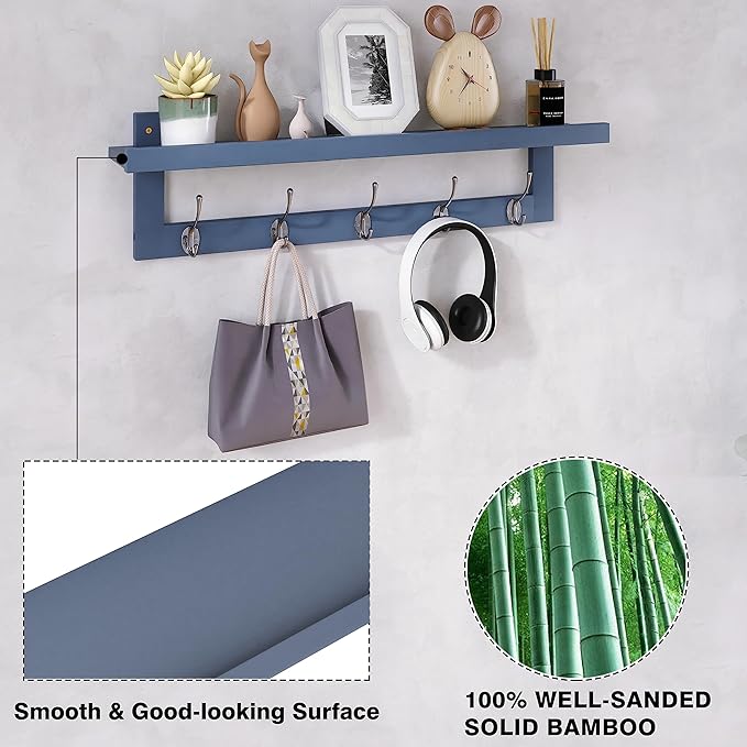 SMIBUY Coat Hooks with Shelf Wall-Mounted, 29.2 Inch Entryway Coat Rack for Wall, Bamboo Hanging Shelf with 5 Double Metal Hooks for Bathroom, Bedroom, Kitchen, Living Room, Mudroom (Grey)