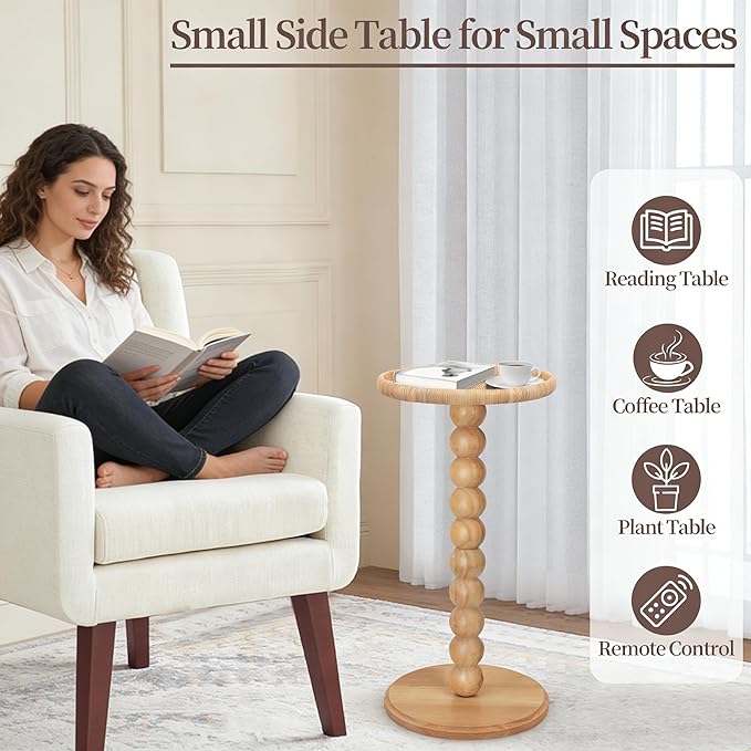 Drink Table, Boho Rattan Small Round Side Table for Small Spaces, Solid Wood Circle End Table for Living Room, Pedestal Table for Couch, Bedroom, Corners, Natural