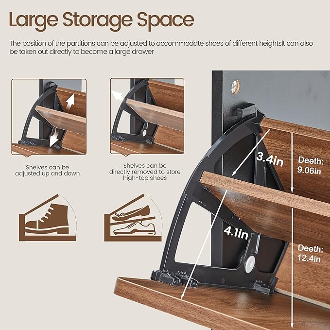 FurSch Fluted Shoe Storage Cabinet with 2 Flip Drawers, Narrow Shoe Rack Cabinet Organizer with Adjustable & Removable Shelves for Entryway (Walnut and Black, 2 Drawers)