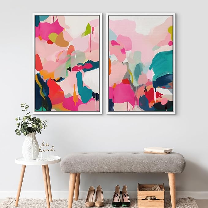 SIGNWIN Framed Canvas Print Wall Art Colorful Abstract Vibrant Pink and Blue Drip Illustrations Modern Art Decorative Contemporary for Living Room, Bedroom, Office - 24"x36"x2 White