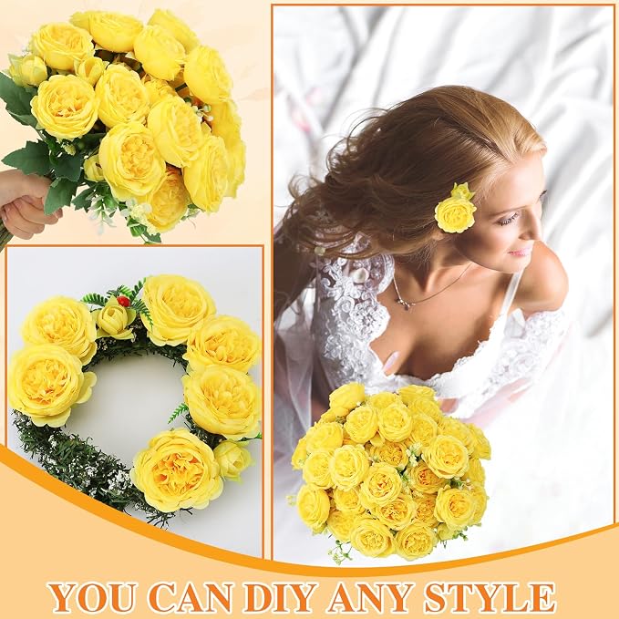 16 Pack Yellow Peonies Artificial Flowers, Fake Silk Hydrangea Bouquet for Bridal Wedding Home Table Decor Reusable Dining Opening Ceremony Birthday Arrangement Faux Floral
