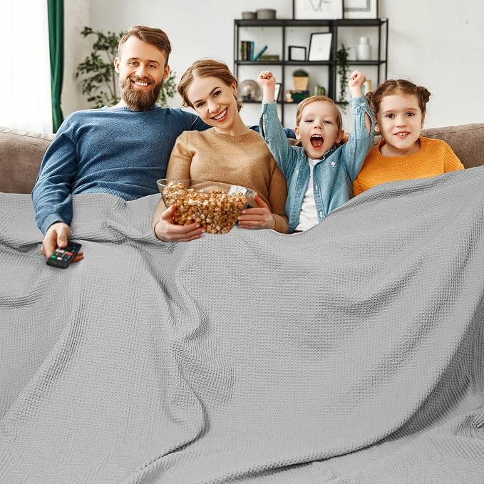PHF Pre-Washed Cotton Waffle Weave Family Blanket,Oversized King Size 120"x 120"-Snag Proof Lightweight Breathable, 10'x 10' Huge Extra Large Big-Elegant Aesthetic Home Decoration Gift, Light Grey
