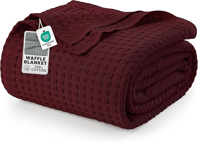 Utopia Bedding 100% Cotton Waffle Weave Blanket Twin Size for Couch Sofa Bed - Lightweight, Breathable Summer Blankets Soft and Cozy, Gifts for Women Home Room Decor (Burgundy, 90x72 Inch)