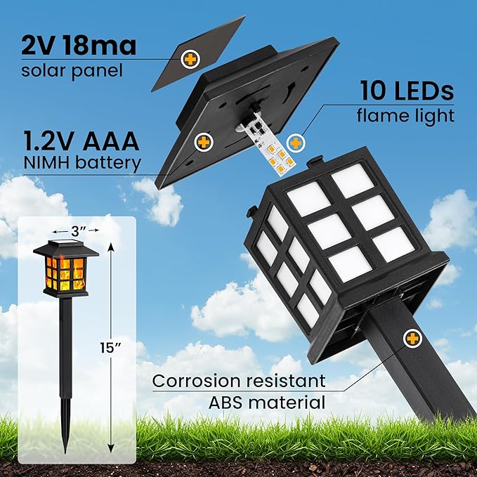 GIGALUMI Solar Lights for Outside,12 Pack Flickering Flame LED Solar Outdoor Lights, Waterproof Solar Garden Lights Maintain 10 Hours of Lighting for Christmas, Garden, Landscape, Path, Yard, Patio