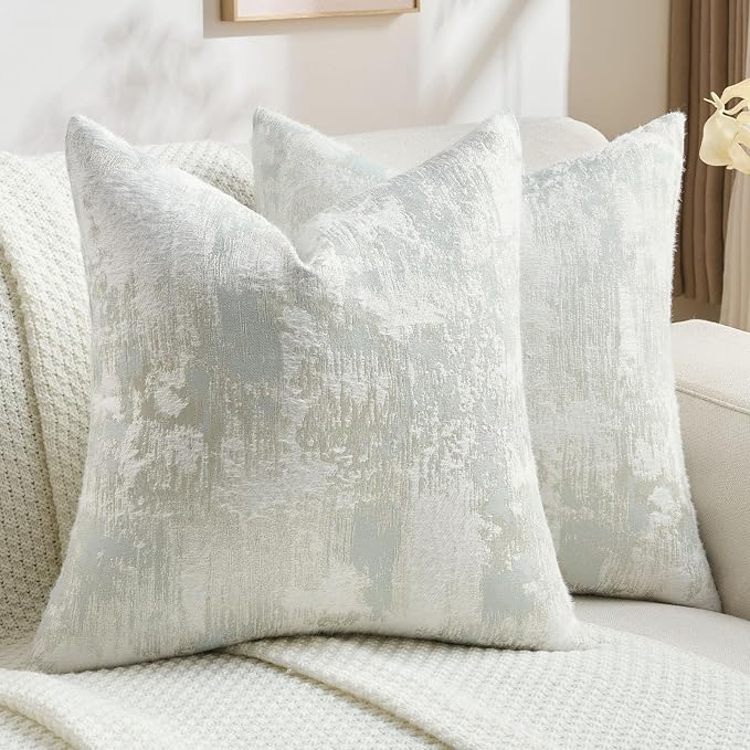FUTEI Pack of 2 Faux Cashmere Jacquard Throw Pillow Covers 16x16 Inch Soft Marble Pattern Vintage Decorative Cushion Case Modern Farmhouse Accent for Couch Bed Living Room, Light Blue White