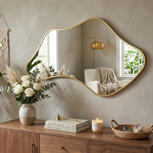 Asymmetrical Wall Mirror, Irregular Shaped Frameless Vanity Mirror, Modern Decorative Mirror for Entryway, Living Room, Bathroom (Gold, 43" L x 26" W)