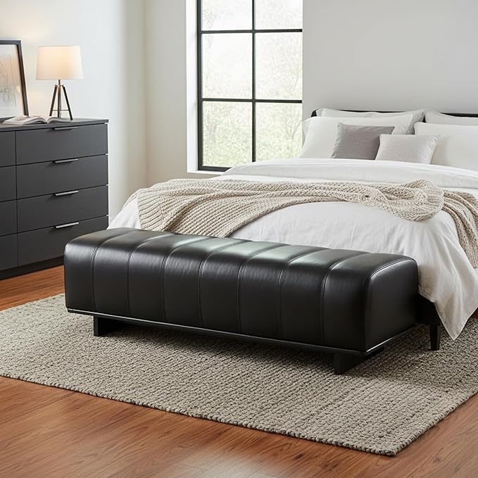 Christopher Knight Home Lamie Faux Leather Upholstered Dining Bench, Wooden Entryway Bench, Long Sofa Footstool for Living Room, Bedroom End of Bed Bench, Black