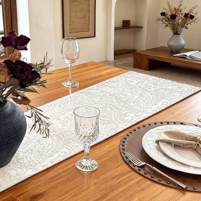 Table Runner with Jacquard Design, Waterproof Thick Table Runner for Home Decor Country Rustic Farmhouse Kitchen Dining Table Decoration (Milky White, 12x120 Inch)