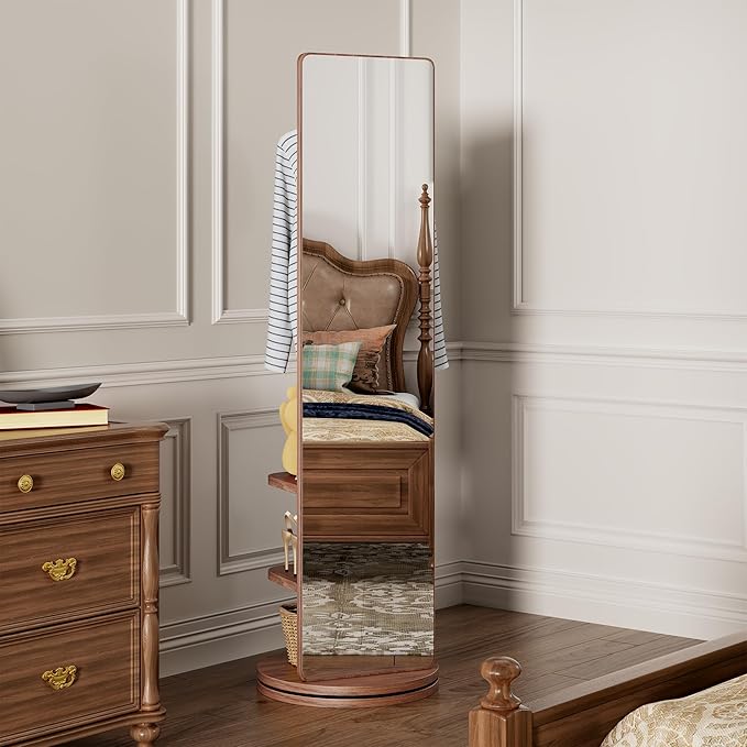 CHANCEE 360° Rotating Mirror Coat Rack, Solid Wood Standing Mirror with Storage Hooks and Shelves, Space-Saving Multifunctional Organizer for Bedroom, Living Room, or Cloakroom (Walnut)