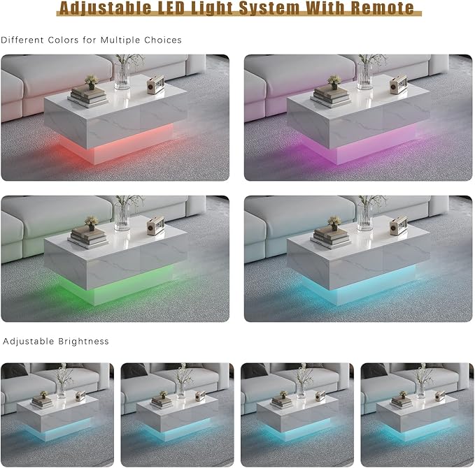 White Marble Modern Coffee Table with Hidden Storage for Living Room, Living Room Table Rectangular Center Tables Sliding Top with LED Lights, Wooden Cocktail Table for Reception Room