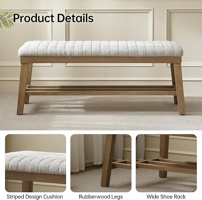 VKNOW Entryway Bench, 44.4" Upholstered Storage Shoe Bench for Entryway & Bedroom, Shoe Rack Bench with Rubberwood Legs, Modern End of Bed Bench for Living Room and Hallway, Beige