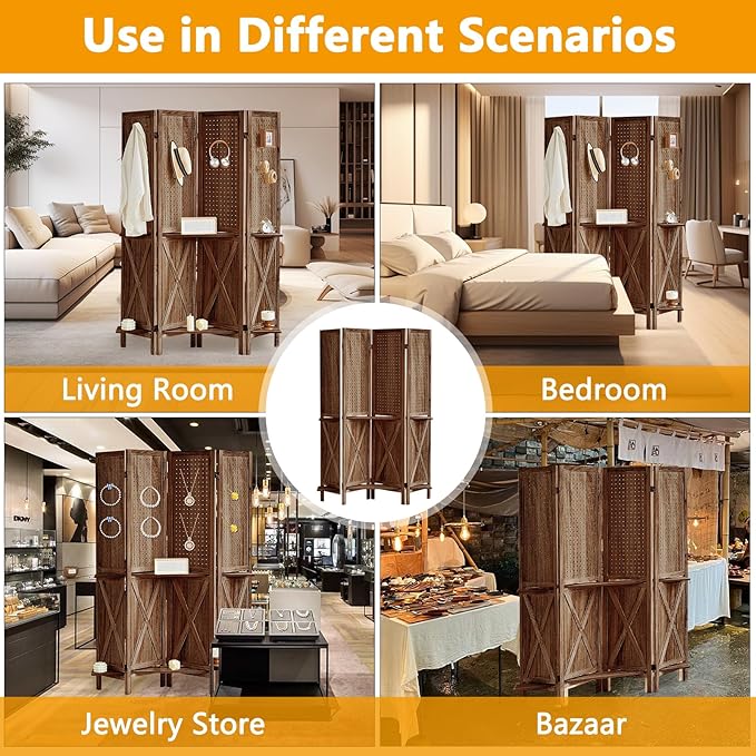 4 Panel Pegboard Display with 16 Hooks, Wooden Pegboard Room Divider Wall with Shelf, Partition Room Dividers and Folding Privacy Screens, Bedroom, Jewelry Store, Brown