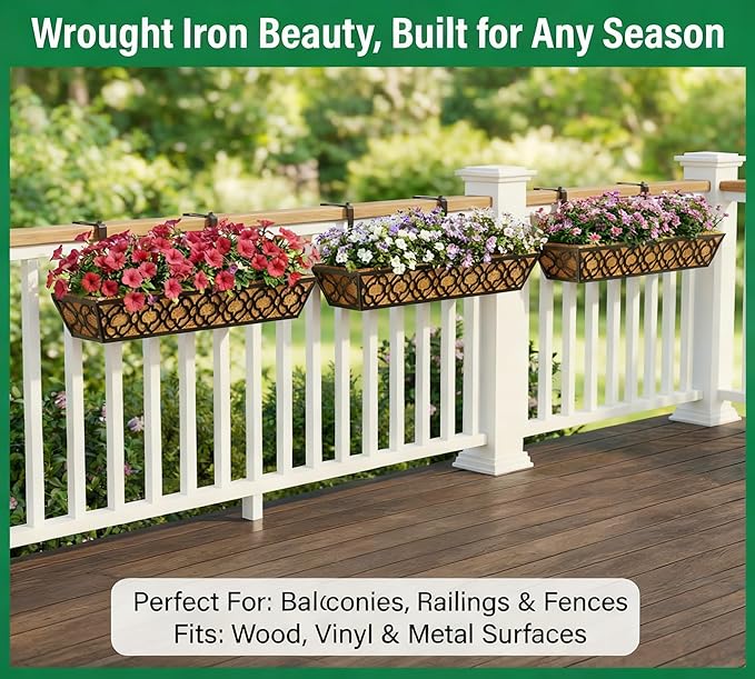 Y&M Deck Railing Planter Boxes 30 Inch 2 Pack, Adjustable Balcony Planter for Outdoor Plants, Metal Railing Planter Box for Deck, Fence and Porch, Window Boxes Outdoor, Sturdy Hanging Planter