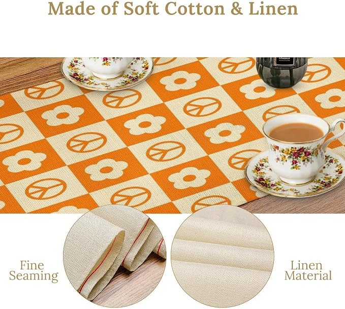 Retro Floral Table Runner 60s 70s Vintage Groovy Hippie Grid Seasonal Spring Farmhouse Country Dinner Runner for Home Kitchen Dining Table Party Holiday Decor 13"x60"