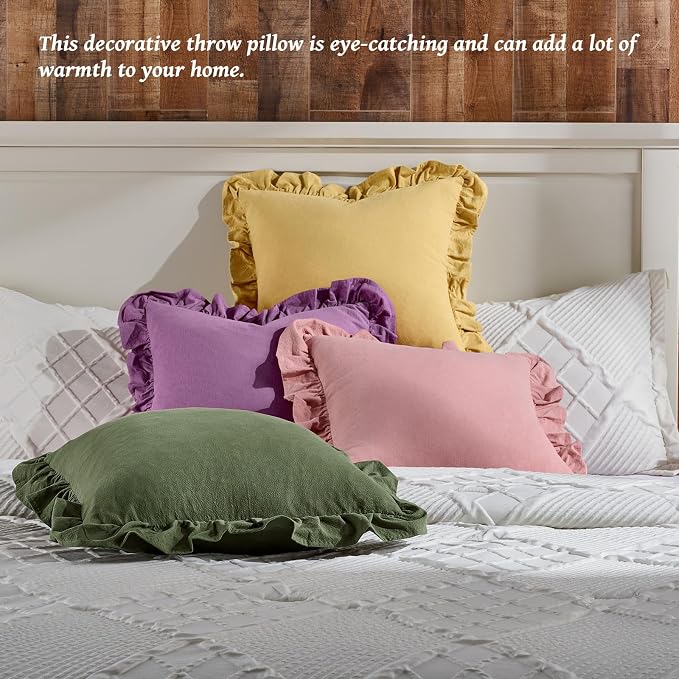 AmHoo Pack of 2 Throw Pillow Covers 100% Cotton Pre Washed Ruffle Decorative Pillowcase Cushion for Couch Sofa Bedroom 20 x 20-Inch Olive Green
