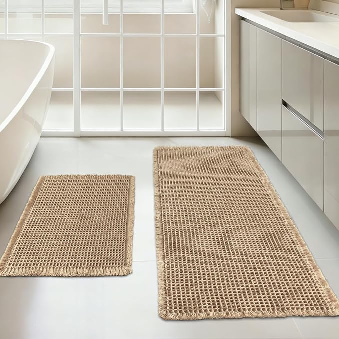 Waffle Bath Mat Set of 2, Non Slip Waffle Rugs for Bathroom, Super Absorbent & Quick Dry Soft Shower Mat for Bathroom & Kitchen Floor, Machine Washable Bath Rugs (Brown)