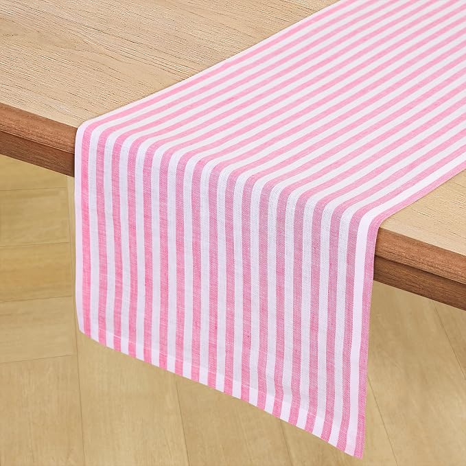 Solino Home Striped Linen Table Runner 60 Inches - Amalfi Stripe, 100% Pure Linen Pink and White Small Table Runner 14 x 60 Inch Ideal for Dresser and Coffee Tables, Summer