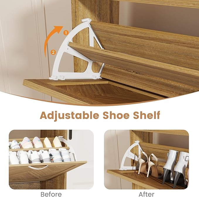 Shoe Cabinet Storage for Entryway, 40" Tall Narrow Wood Shoe Organizer with 2 Flip Drawers & Adjustable Shelves,Freestanding Hidden Shoe Storage Organizer with Hooks for Entryway, Foyer, Hallway, Oak
