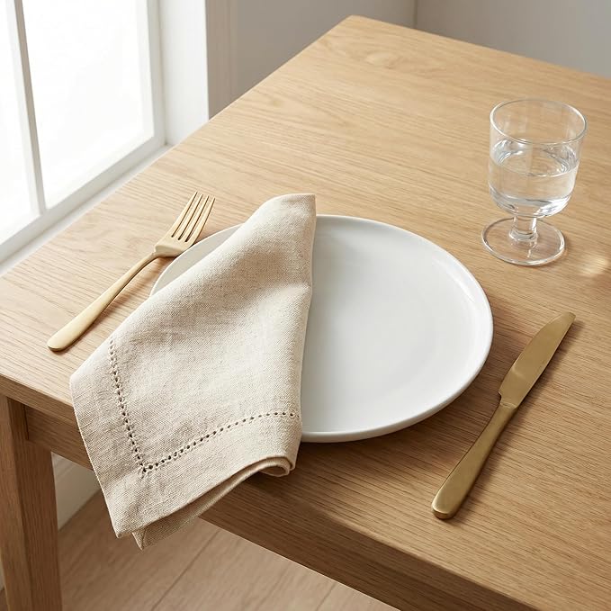 Flax Hemstitched Cloth Dinner Napkin Set of 4 Natural 20x20 Inches, Decorative Premium Cotton Linen Dinning Table Napkins Ideal for Mother's Day, Cocktail Party | Kitchen Napkin for Home Décor