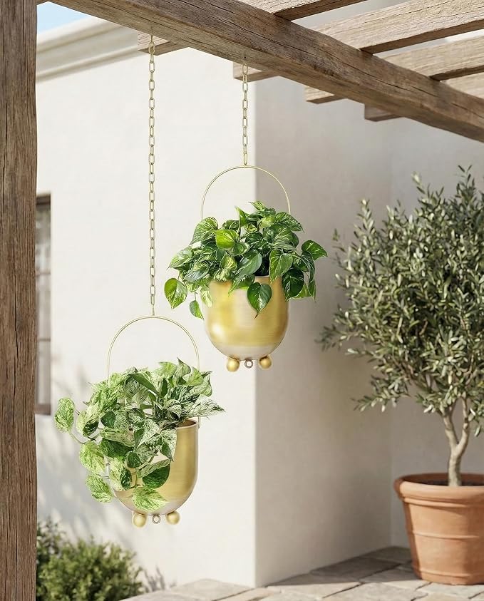 AceList Boho Hanging Planter,6.3 inch Set of 2 Gold Metal Plant Hanger with Hooks and Chains, Modern Wall & Ceiling Planters Outdoor/Indoor Hanging Planter for Window, Porch, Balcony and Home Décor