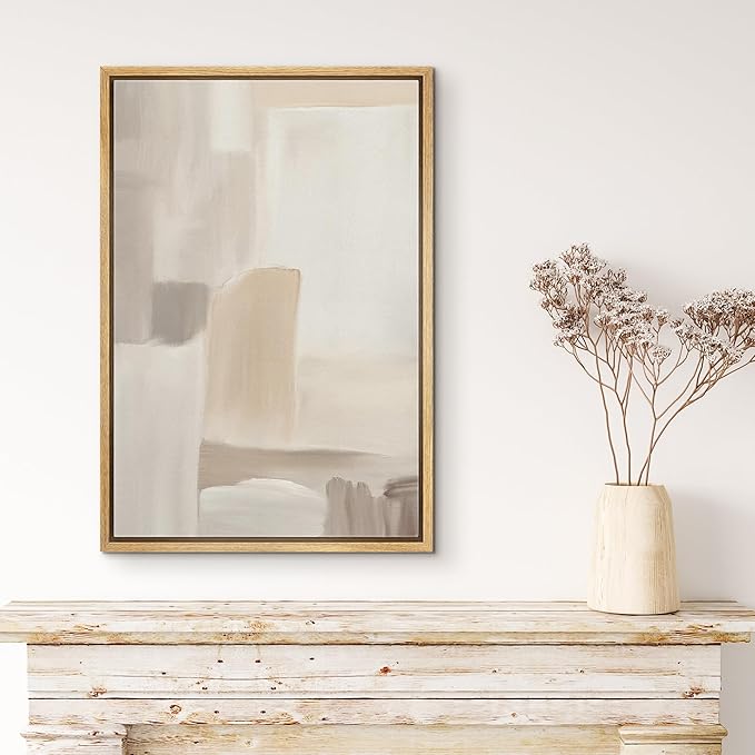 MUDECOR Framed Canvas Print Wall Art Minimalist Neutral Abstract Beige and Taupe Geometric Illustrations Minimalism Decorative Bohemian Colorful Zen for Living Room, Bedroom, Office - 24"x36" NATURAL