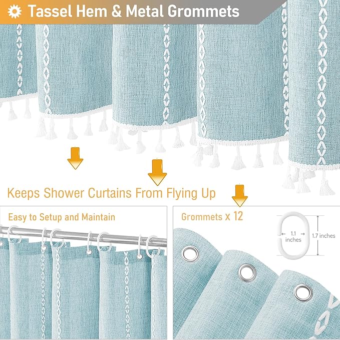 BTTN 78 Inch Long Shower Curtain - Boho Farmhouse Linen Thick Striped Fabric Shower Curtain Set with Plastic Hook, Tall Rustic Country Luxury Cloth Shower Curtains for Bathroom - Fog Blue - 72x78