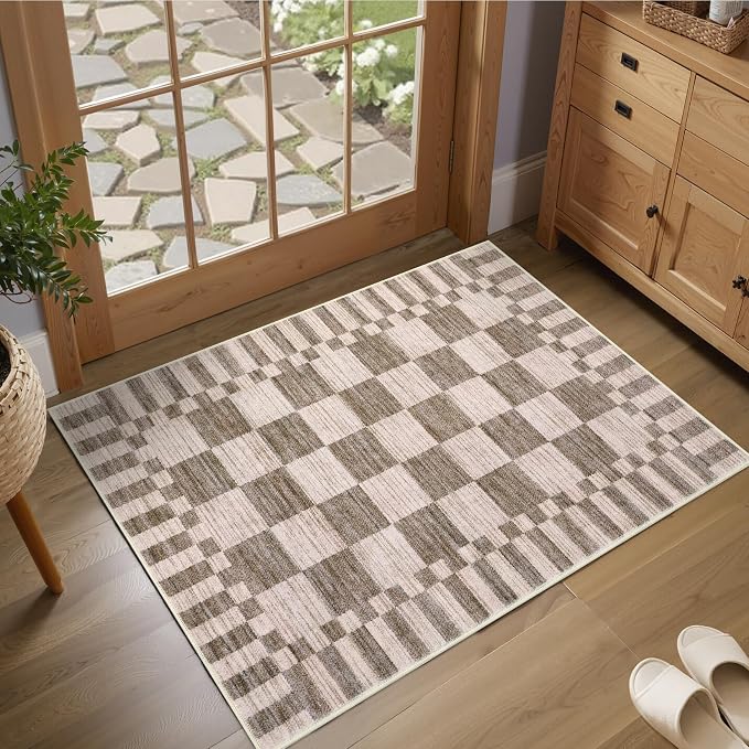 GarveeHome Brown Checkered Rug 2x3 Washable Rug Non-Slip for Entryway, Geometric Tan Brown Print Soft Low-Pile Small Area Rugs,Beige Neutral Modern Geometric Rugs for Kitchen