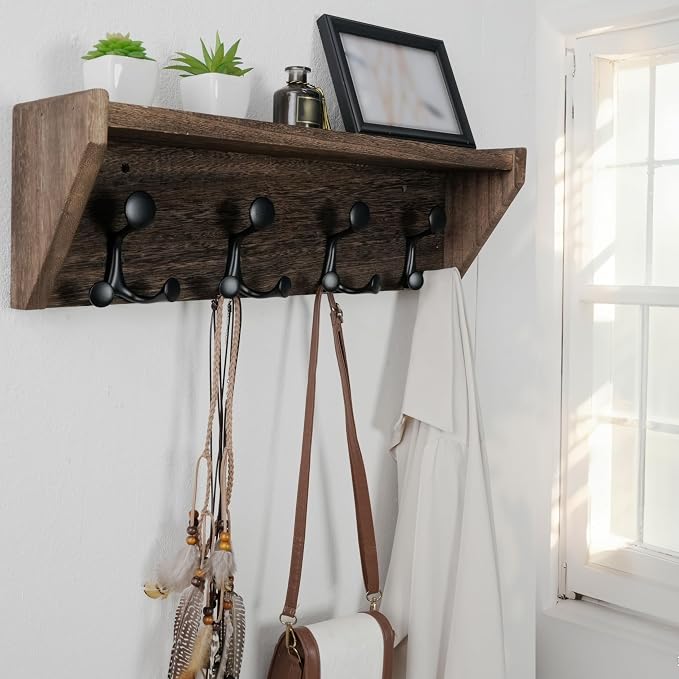 WEBI Wall Shelf with Hooks Underneath,24" Long Wall Mounted Coat Rack with Shelf,Entryway Coat Rack with 4 Triple Hooks for Hanging Coats,Jacket,Hallway,Bedroom,Mudroom,Weathered Brown