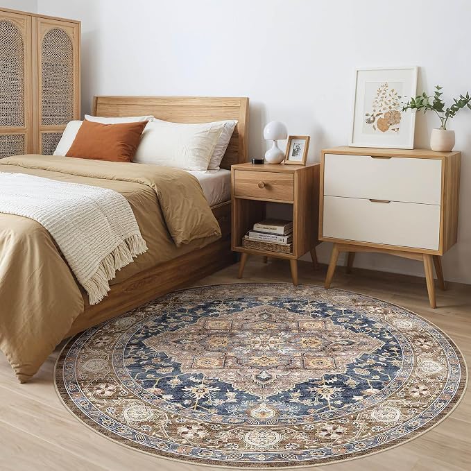 Round Rug Living Room Rugs: 7x7 Washable Boho Neutral Large Circle Soft Indoor Floral Stain Resistant Floor Farmhouse Carpet for Bedroom Nursery Kids Playroom Office Dining Room Dorm- Yellow Blue